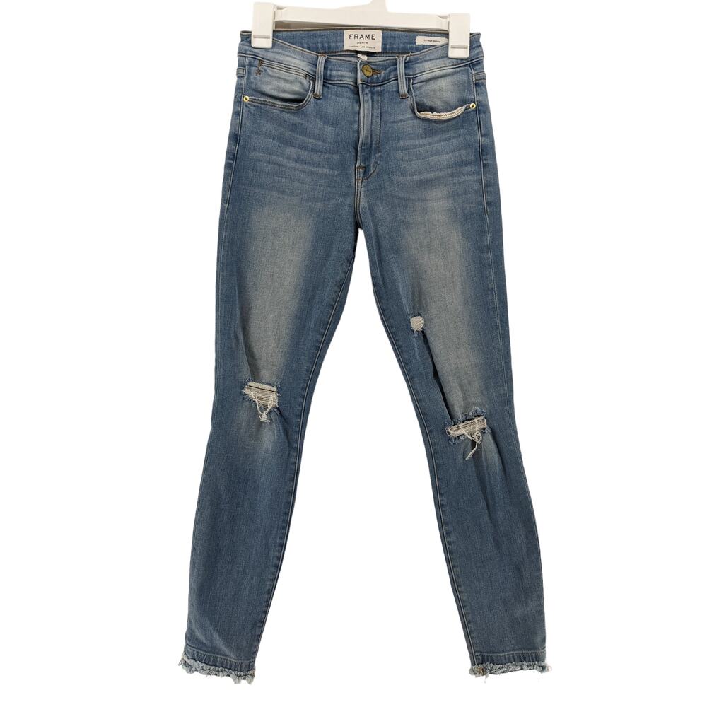 Frame Le High Skinny Jeans 27 Blue Distressed Denim‎ Raw Hem Stretchy Mid Rise